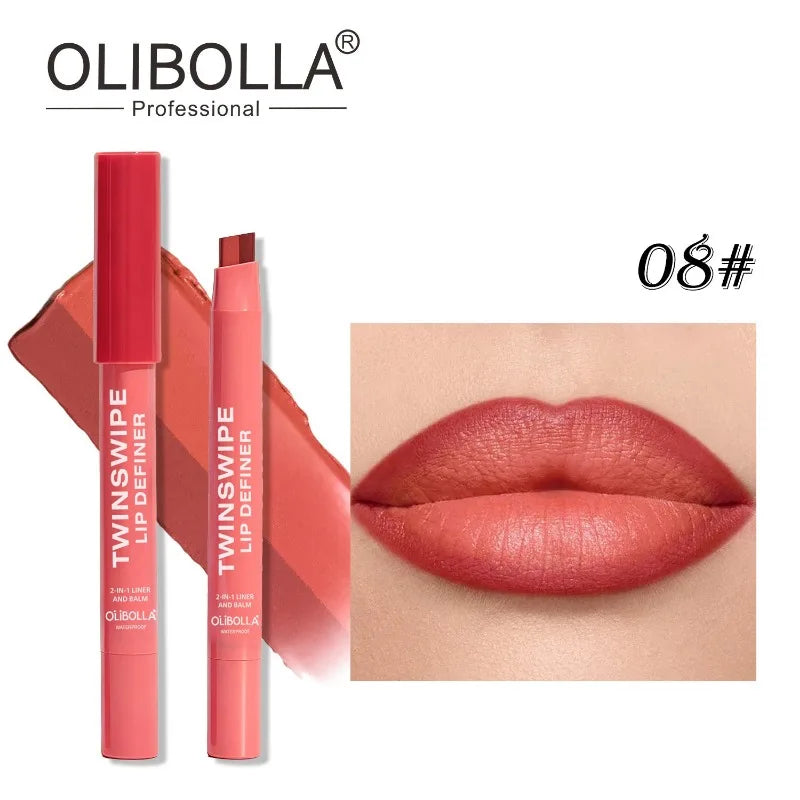 Cinnamon Lipstick Carving Matte 2 in 1 Dual Color Velvet Slanted Lip Liner Pencil Waterproof Long Lasting Women Daily Lip Makeup HIP 08