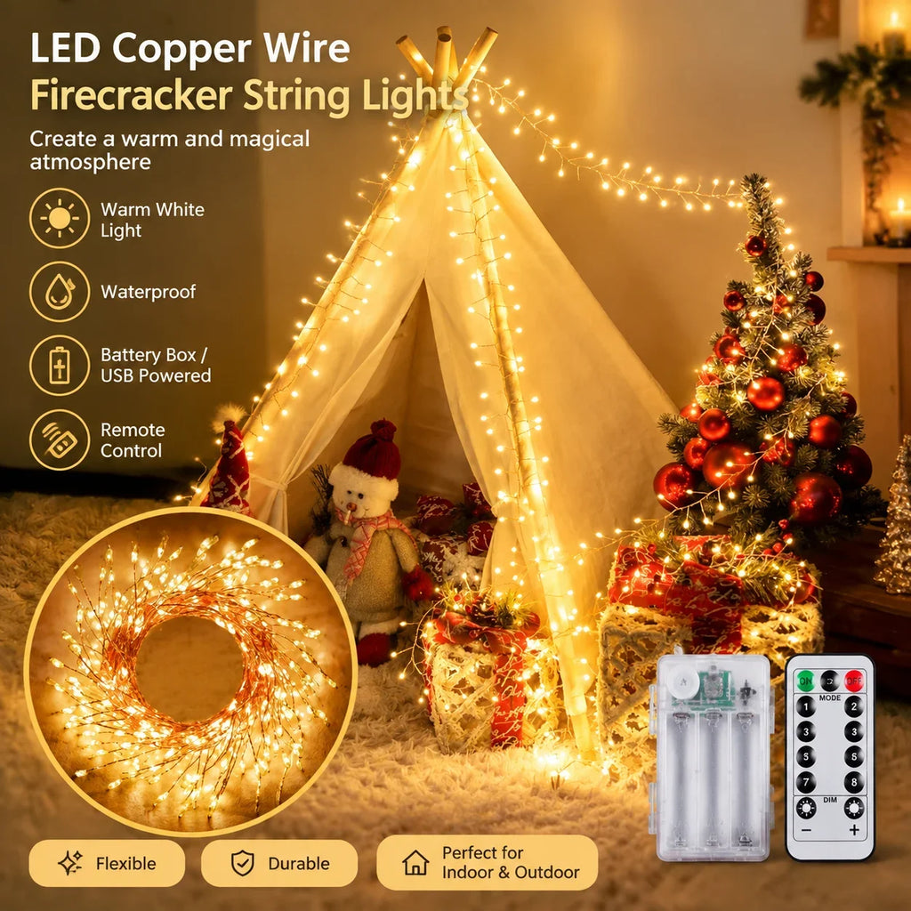 Waterproof Green/Silver Wire LED Copper Wire Firecracker String Lights Battery Box/USB Powered With Remote Christmas Decoration HIP