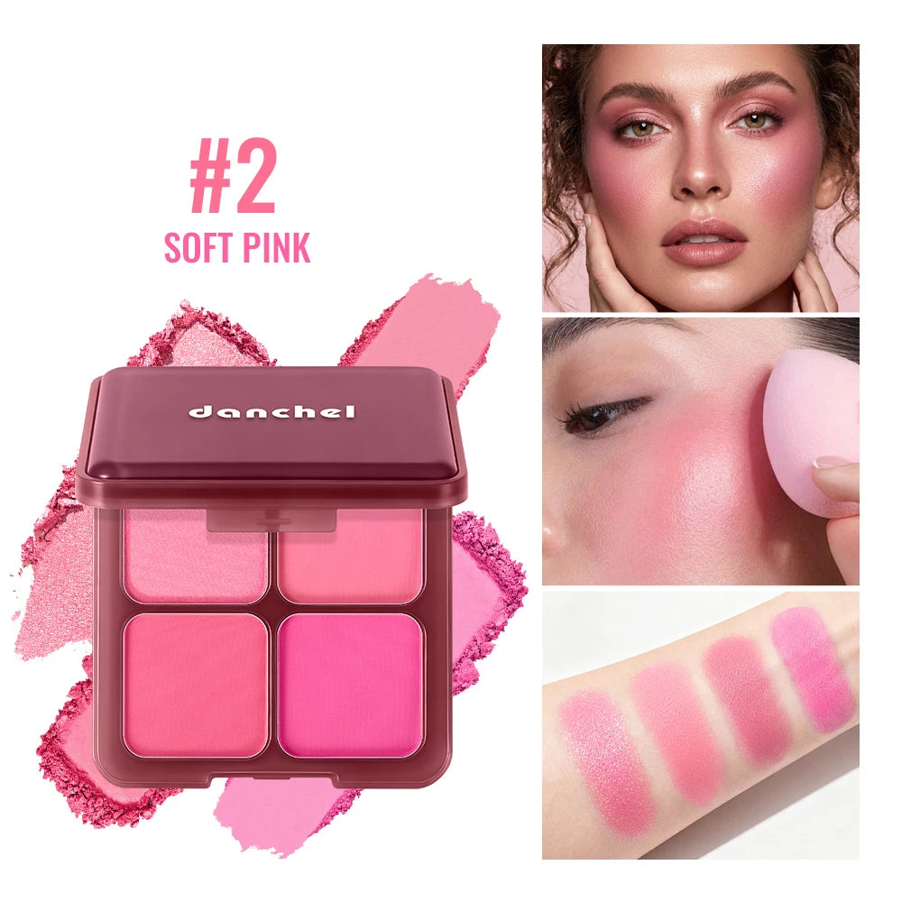 4 Shades Blush Palette Matte Shimmer Dual Texture Rich Pigment Long Lasting Soft Blur Compact Blush Daily Cheek Face Makeup HIP