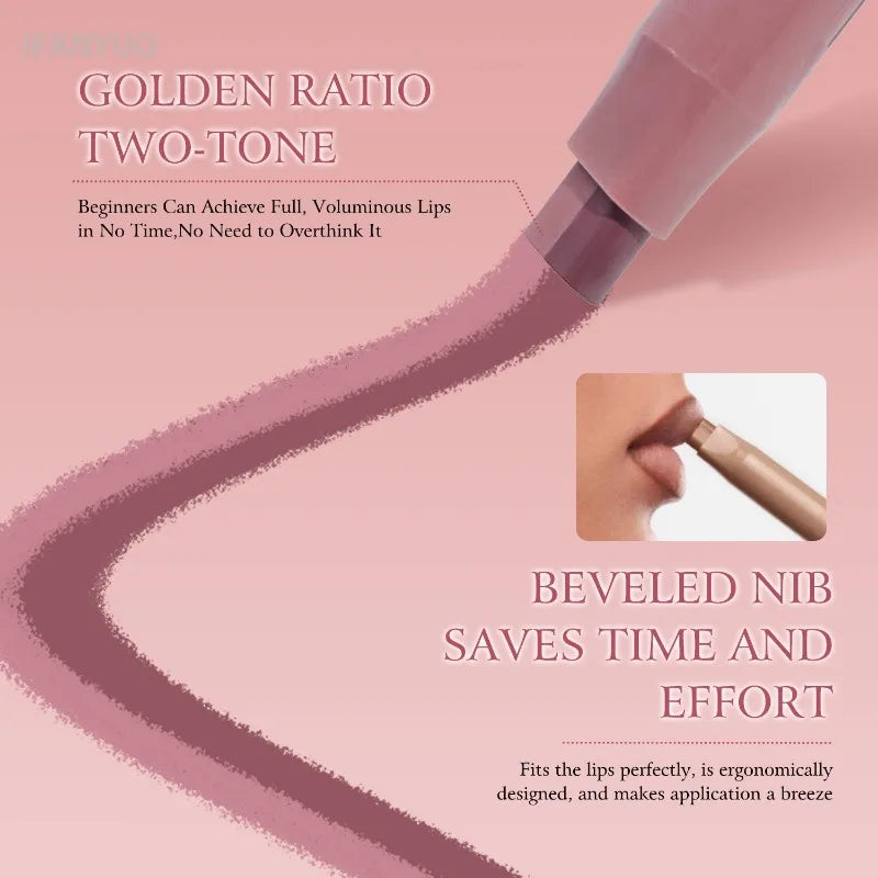 Cinnamon Lipstick Carving Matte 2 in 1 Dual Color Velvet Slanted Lip Liner Pencil Waterproof Long Lasting Women Daily Lip Makeup HIP