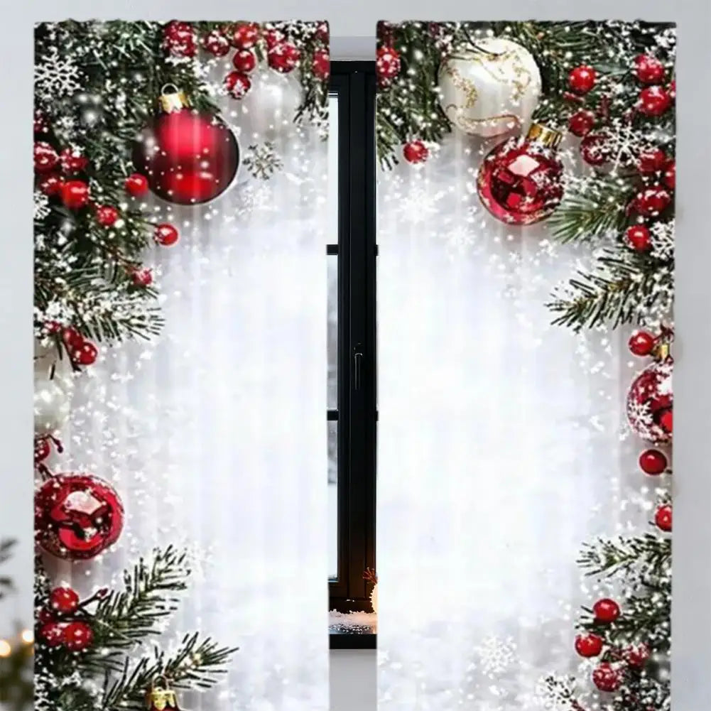 2pcs Xmas Ornament Holly Curtains Light Filtering Decor Polyester Xmas Holiday Window Home Living Bedroom Rod Pocket HIP