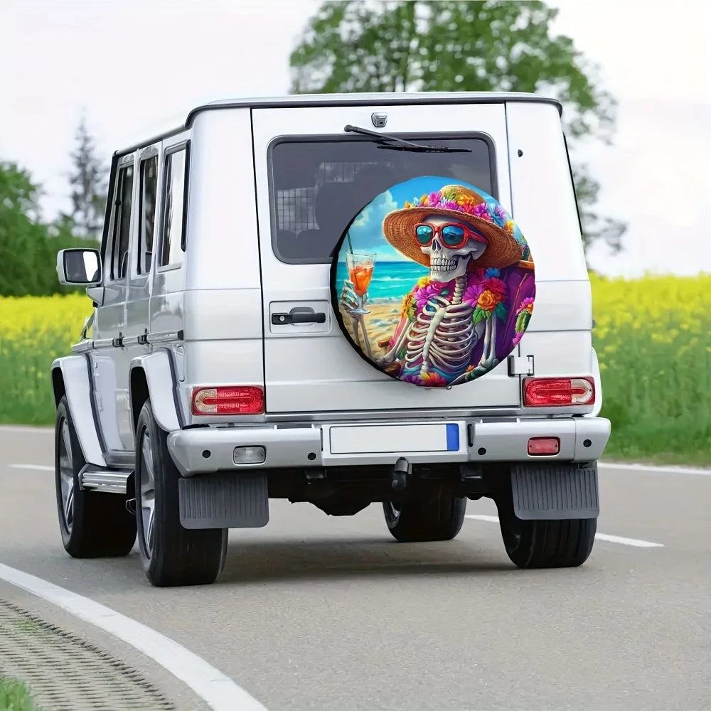 Seaside Skeleton Tire Cover – Tropical Beach Floral Design Spare Tire Cover HIP