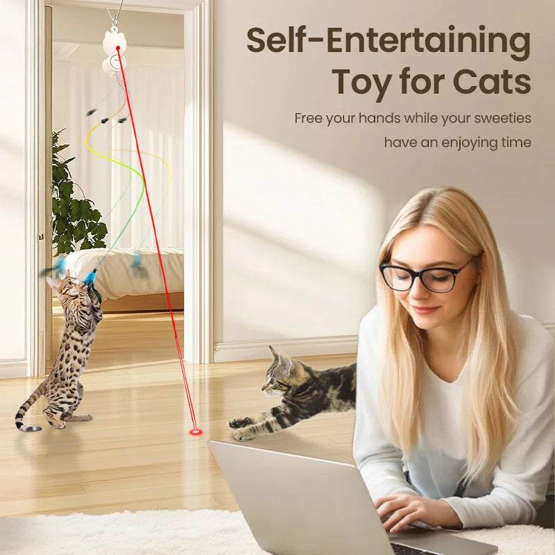ROJECO Automatic Cat Toys 2 in 1 Cats Laser Toy Retractable Hanging Feather Cat Stick Pet Kitten Self-hey Interactive Fun Toy Ac HIP