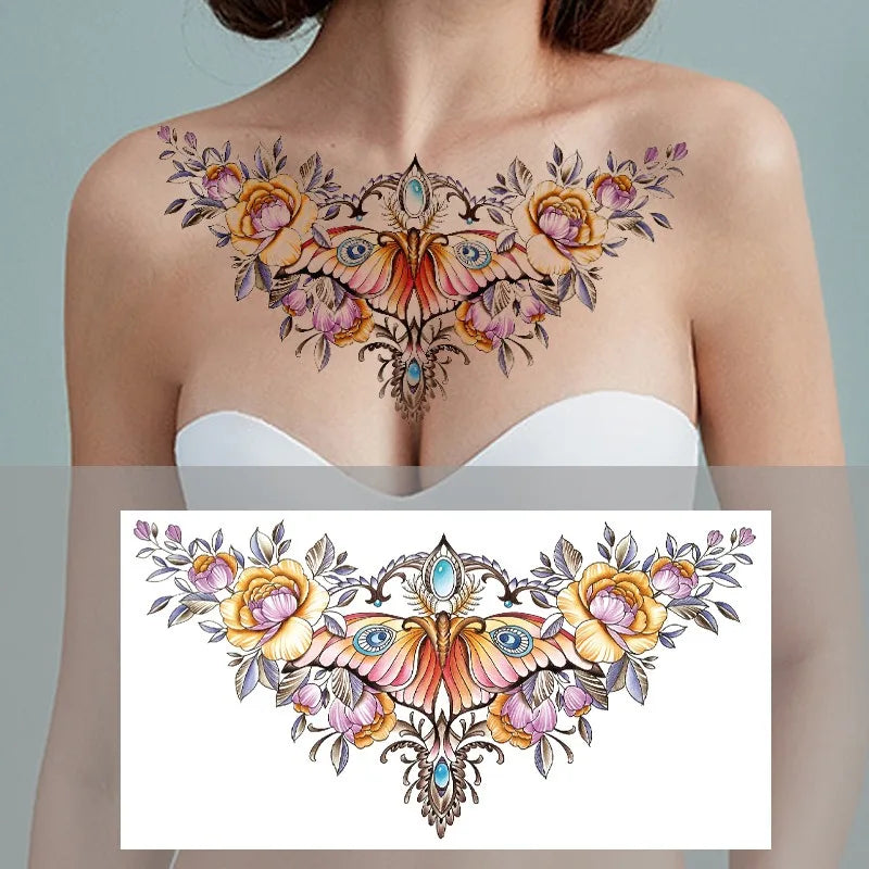 Large Waterproof Temporary Tattoo Sticker – Floral Butterfly Gem