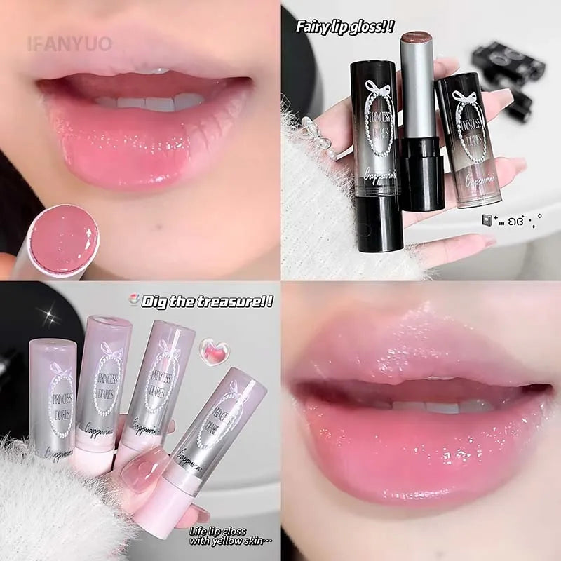 Caramel Brown Solid Lip Gloss Moisturizing Lace Bow Mirror Glass Jelly Lipstick Non Stick Cup Water Light Plump Lip Tint Makeup HIP