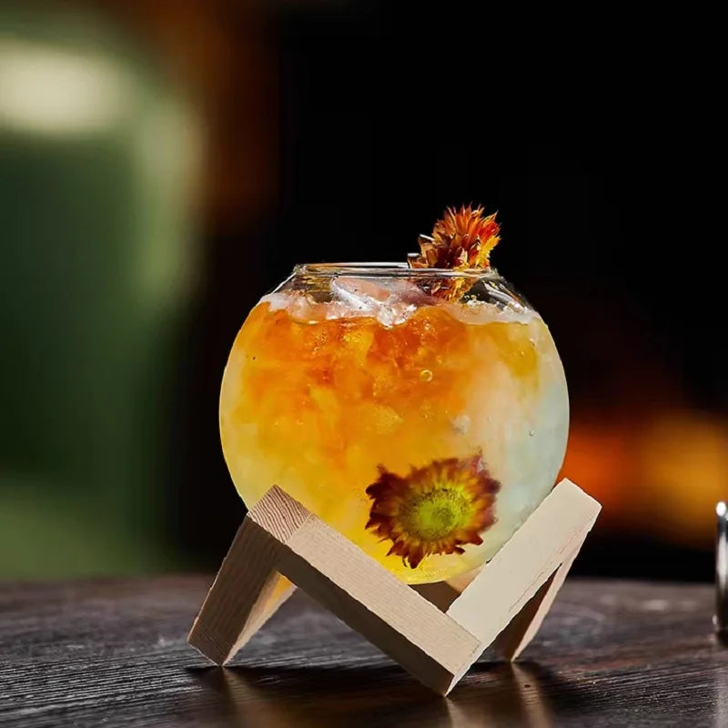480ml Spherical Cocktail Glass with Wood Stand | Bar Glassware Cocktail Glass HIP
