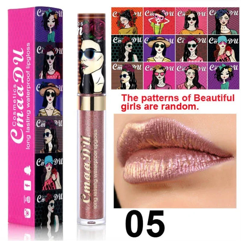 Cmaadu shimmer lip gloss beauty girl diamond glitter lip tint waterproof long lasting 12 color gold flash liquid lipstick makeup HIP 05