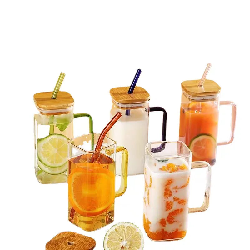 400ml Square Glass Mug with Lid & Straw – Microwave Safe Glass Mug with Lid HIP
