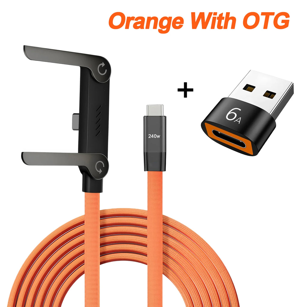2-in-1 USB-C 240W Fast Charging Cable & Foldable Phone Stand USB-C Charging Cable HIP Orange With OTG