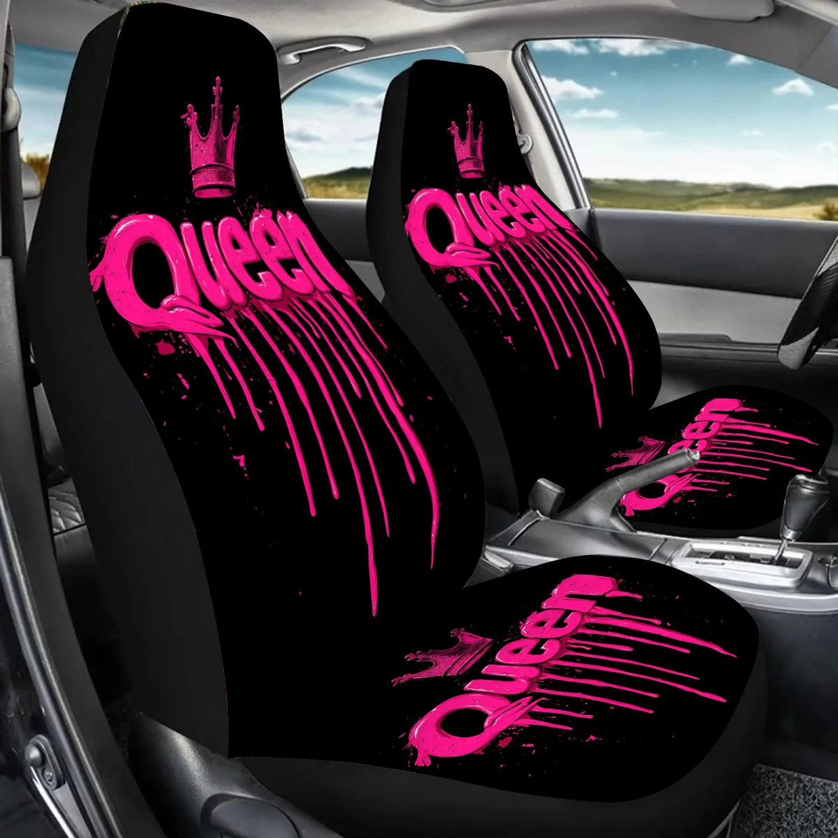 Queen of Pink Crown Car Seat Covers – Black & Pink Set of 2 Car Seat Covers HIP