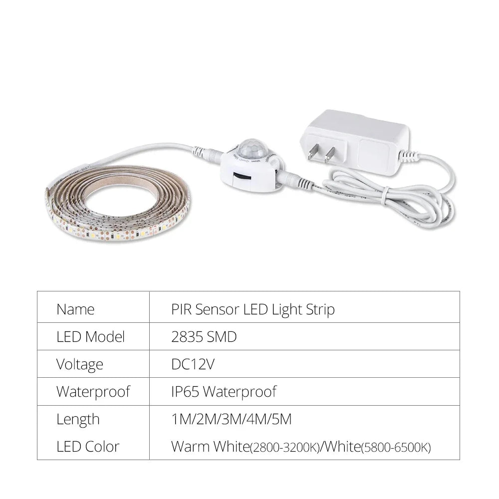 12V PIR Motion Sensor LED Strip Lights Auto On/Off Stairs Wardrobe Kitchen Closet Backlight 1M-5M Waterproof Under Cabinet Light HIP