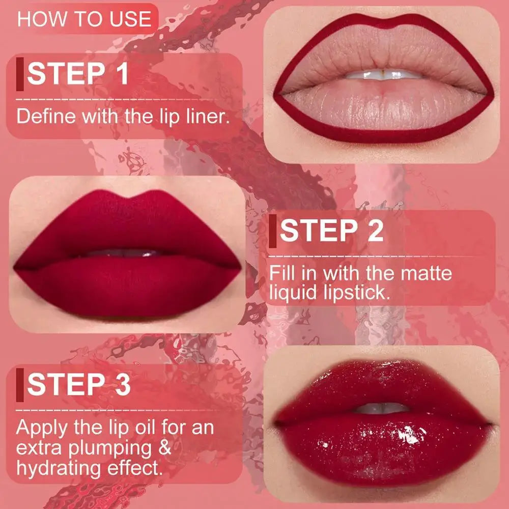 DUNUF 3-Pc Matte Lipstick, Lip Liner & Lip Oil Set – Rose Pink Lip Makeup Kit HIP