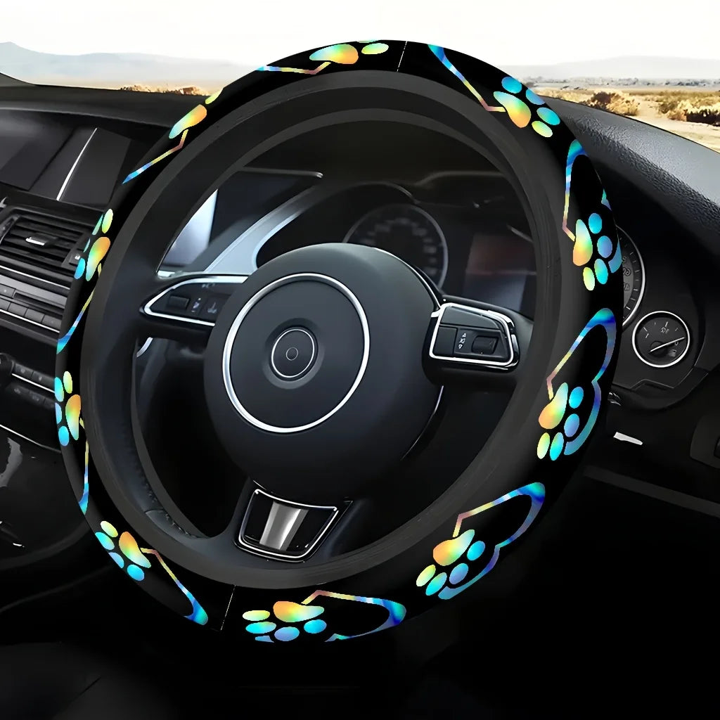 Rainbow Heart & Paw Print Steering Wheel Cover – Washable Steering Wheel Cover HIP