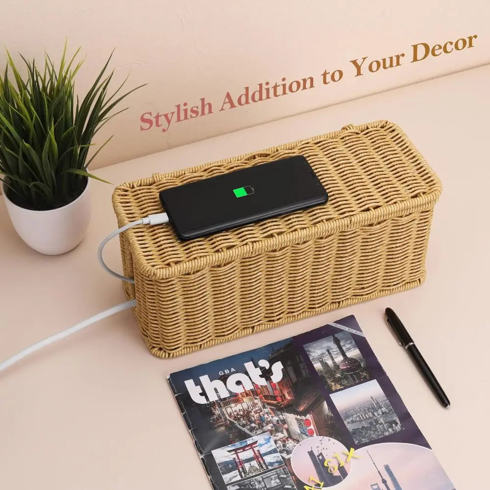 Rattan Cable Management Box with Lid – Cord Organizer Cable Management Box HIP