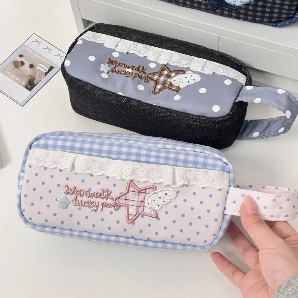 Lace Plaid Canvas Pencil Pouch – Large Capacity Pen Bag Pencil Pouch HIP