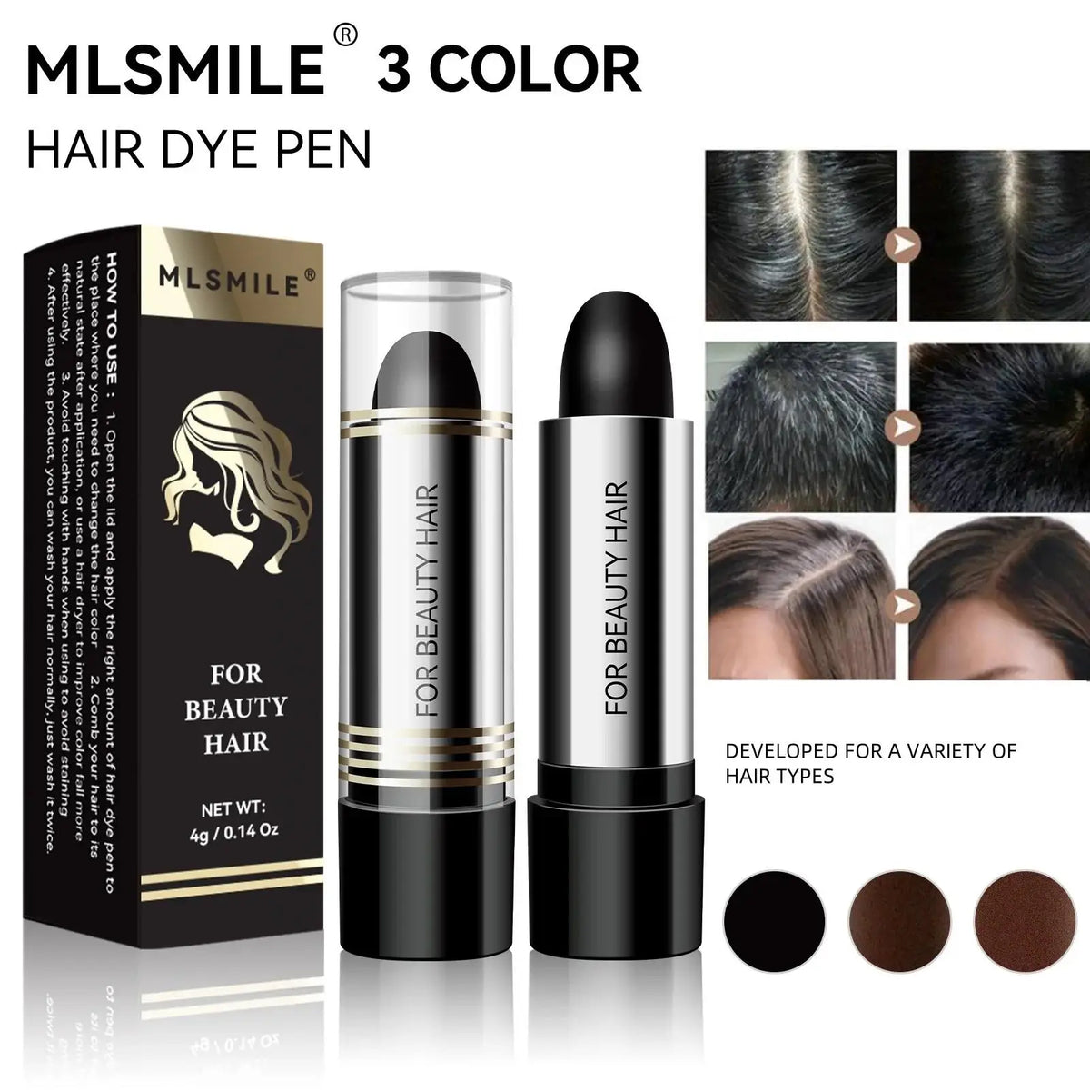 MLSMILE Black Hair Color Stick – Instant Gray Coverage Pen Temporary Hair Dye Pen HIP