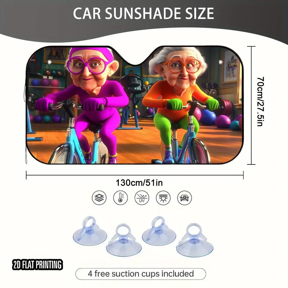 2D Fitness Granny Car Sunshade – Foldable + 4 Suction Cups Car Windshield Sunshade HIP
