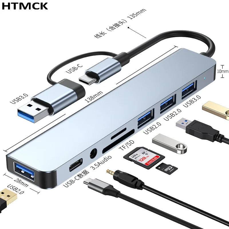 8 in 2 USB C Hub Multi Port Docking Station With USB3.0 SD TF Card Reader Adapter for Laptop Tablet Phone Office Daily Work HIP