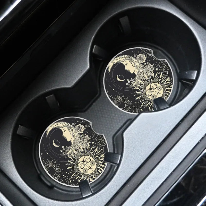 2-Pack Vintage Celestial Ceramic Car Coasters | Sun & Moon Ceramic Car Coasters HIP