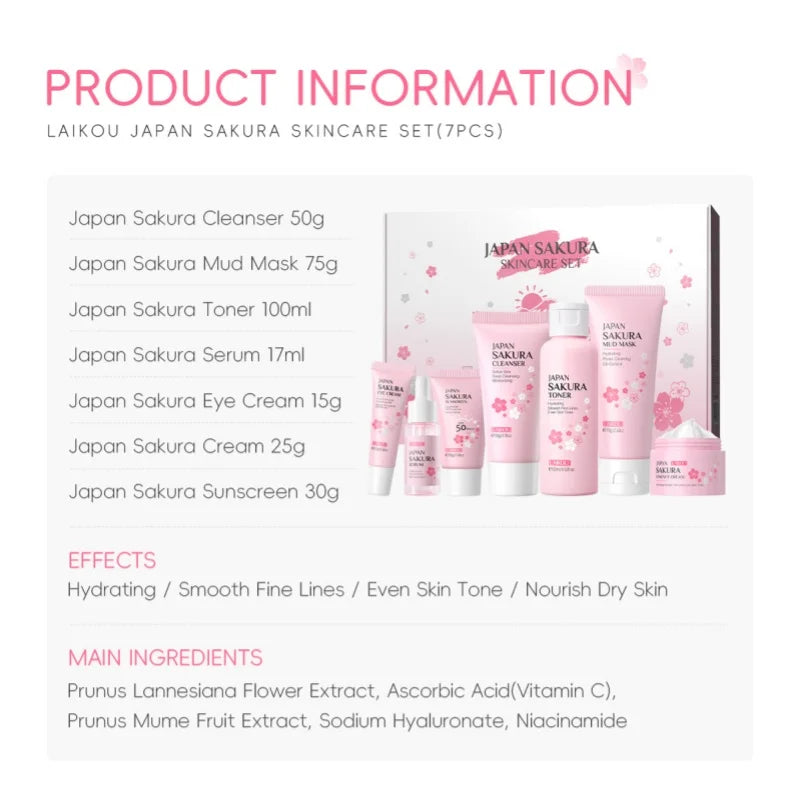 LAIKOU Sakura 7-Piece Skincare Set – Hydrate, Brighten & SPF50 Skincare Gift Set HIP