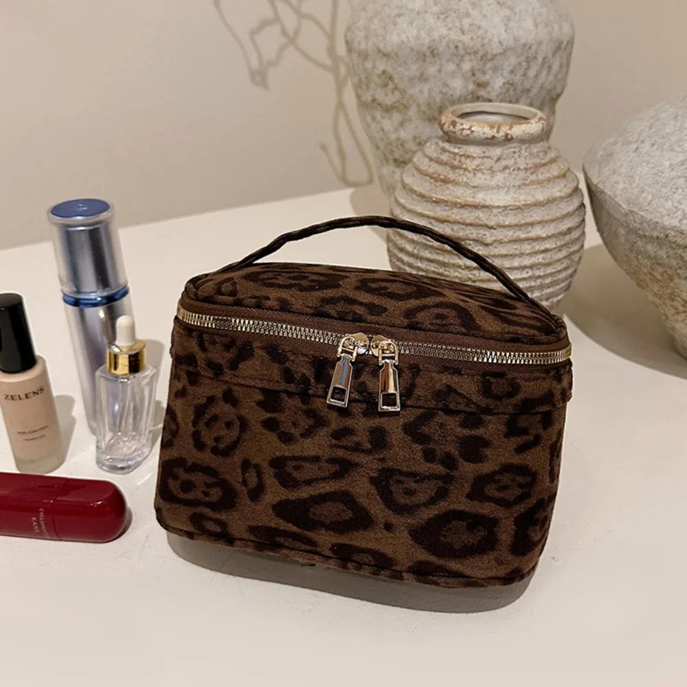 Vintage Leopard Print Large Makeup Bag – Faux Suede Travel Makeup Travel Bag HIP Coffee