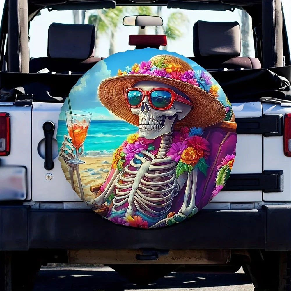 Seaside Skeleton Tire Cover – Tropical Beach Polyester Spare Tire Cover HIP 1 14 in