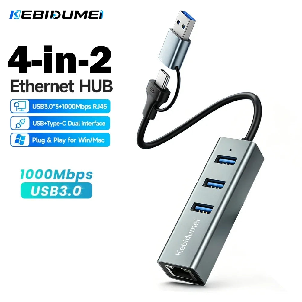 4-in-1 USB-C Hub – Gigabit Ethernet & 3x USB 3.0 | KEBIDUMEI USB-C Hub Adapter HIP