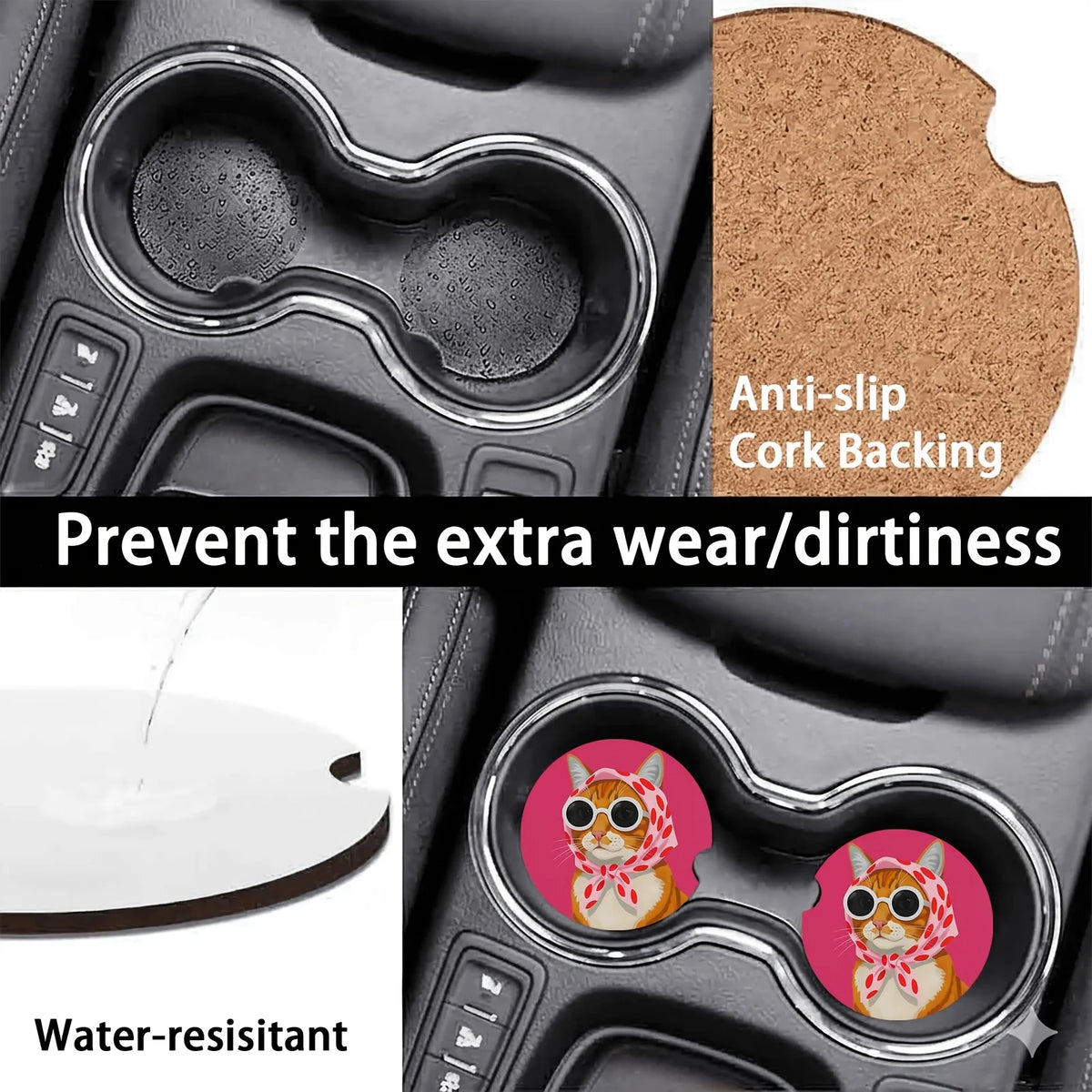 2-Pack Cat Sunglasses Car Cup Holder Mats – Non-Slip Car Cup Holder Mat HIP