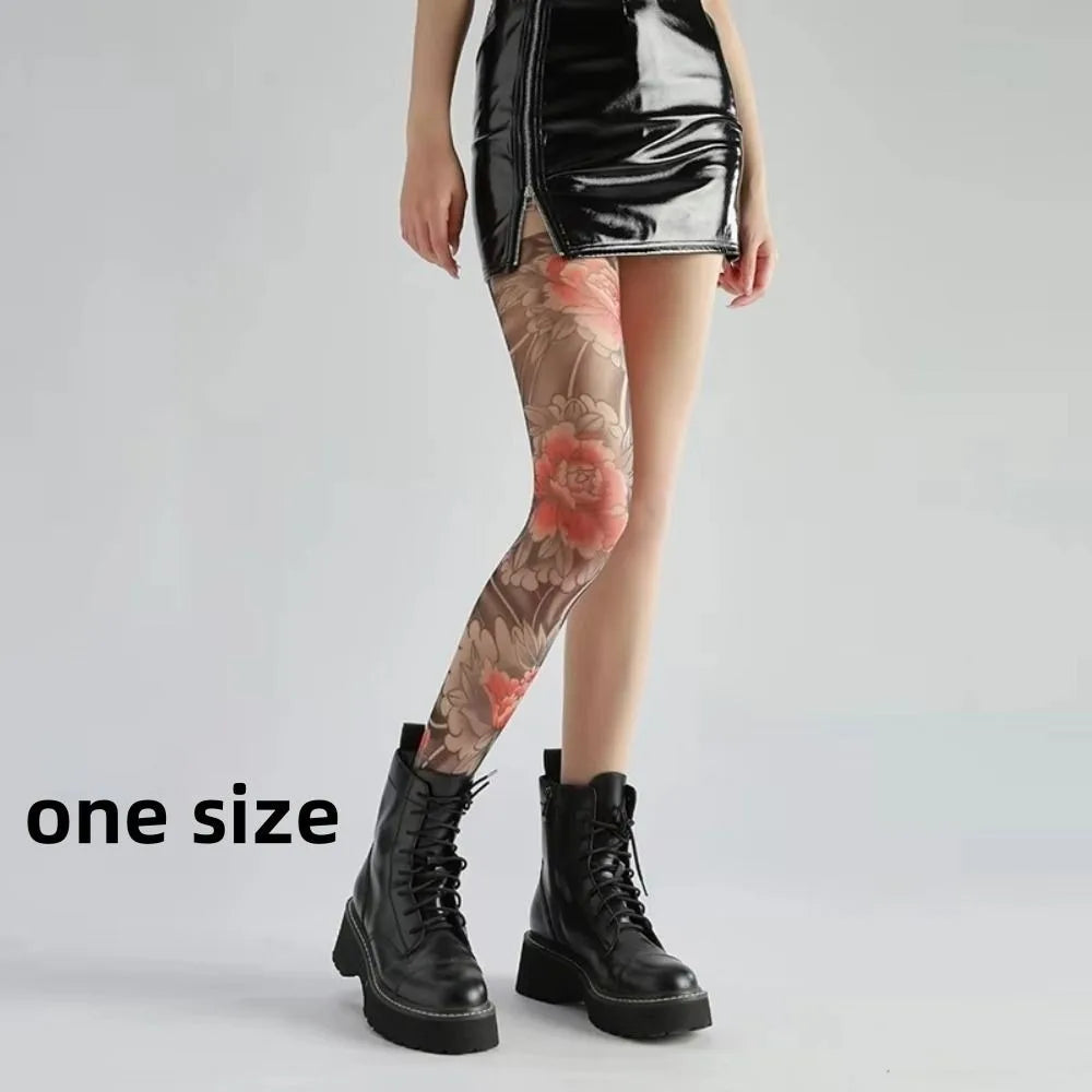 Women's Peony Tattoo Print Mesh Pantyhose & Sheer Tights Printed Pantyhose Tights HIP