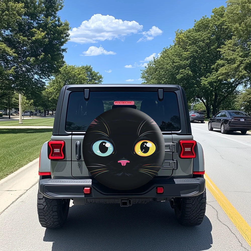 Black Cat Spare Tire Cover – Polyester SUV Jeep Wheel Protector Spare Tire Cover HIP