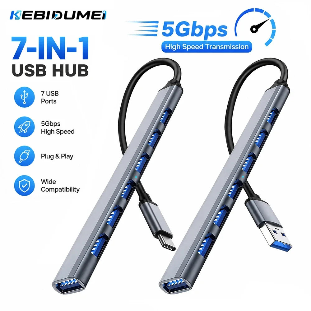 KEBIDUMEI 7-Port USB 3.0 Hub – 5Gbps SuperSpeed Splitter USB Hub Splitter HIP