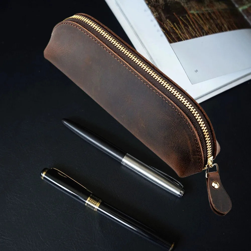 Large Leather Pencil Pouch – Zipper Stationery Bag for School Pencil Pouch HIP Coffee