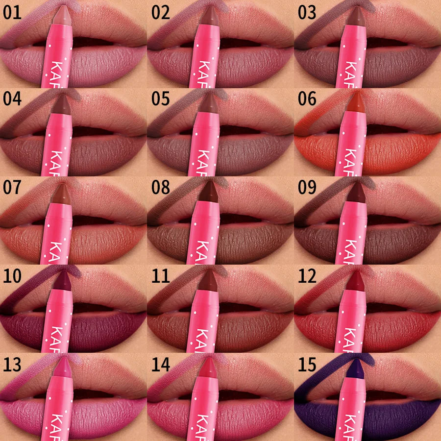 15 Colors Lipstick Pencil Waterproof Sexy Red Matte Contour Tint Lipstic Pen Long-lasting Lipliner Pen Non-stick Cup Lip Makeup HIP