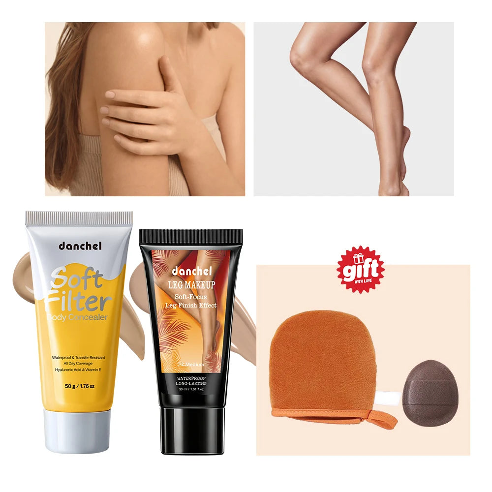 4Pcs Leg Foundation Set Leg Effect Waterproof Body Makeup Lotion With Glove Sponge Cover Tattoo Scars Varicose Veins Makeup HIP 2Medium Tan