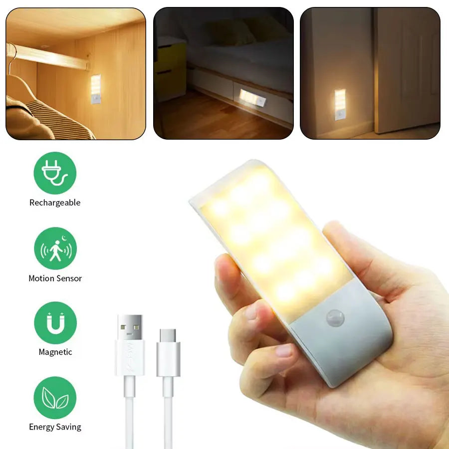 Motion Sensor LED Night Light Rechargeable Human Body Induction Magnetic Cabinet Lamp For Bedroom Wardrobe Closet Kitchen Stairs HIP