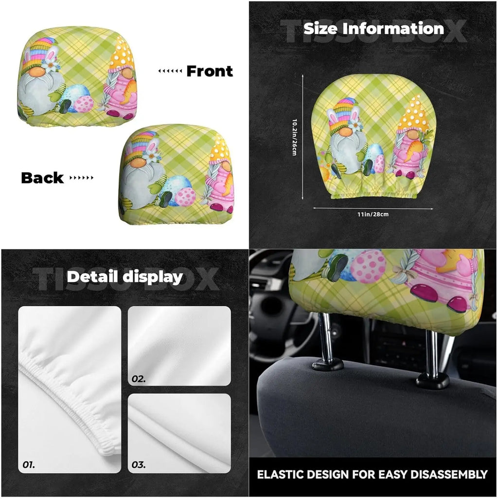 2-Pack Easter Gnome Gingham Car Headrest Covers | Universal Fit Car Headrest Cover HIP