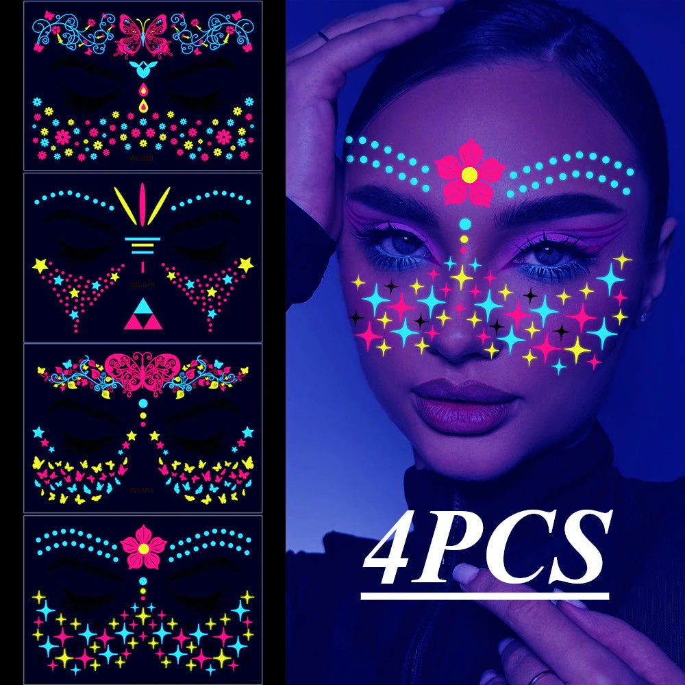 12/24pcs Luminous Temporary Tattoos Stickers UV Neon Fluorescent Glow in the Dark For Body Face Tattoo Stickers Party Accessorie HIP 4PCS