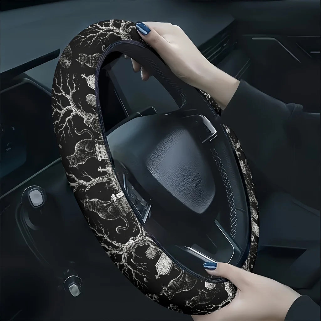 Black Cat Skull Gothic Steering Wheel Cover | Soft Grip Steering Wheel Cover HIP black