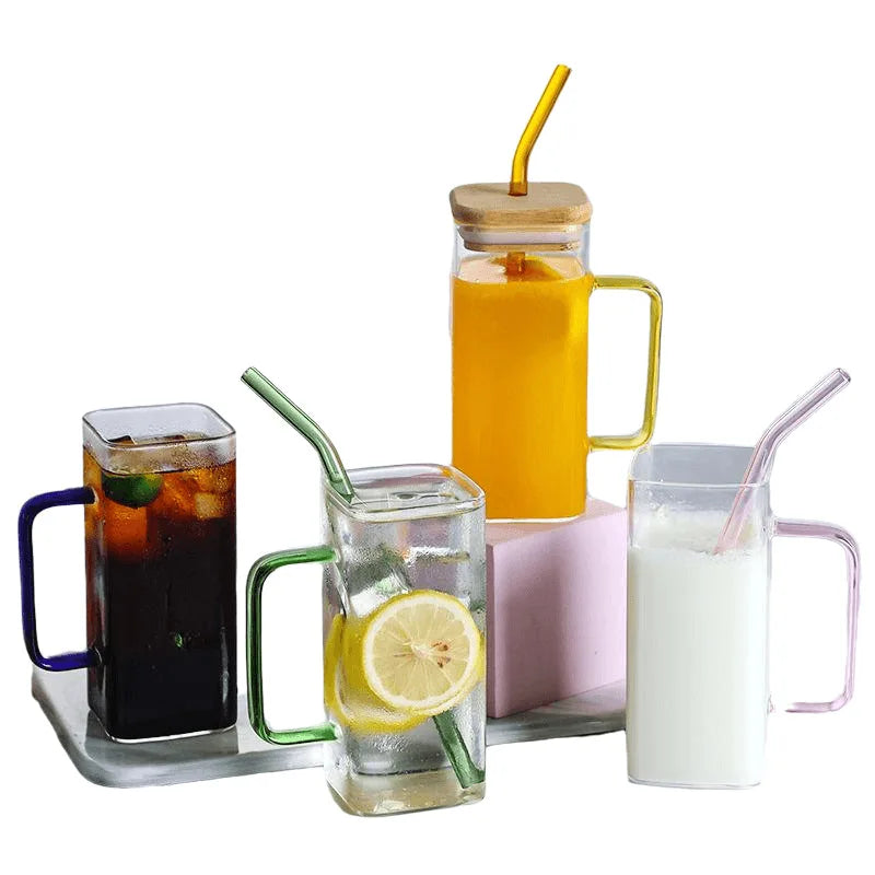 400ml Square Glass Mug with Lid & Straw – Microwave Safe Glass Mug with Lid HIP