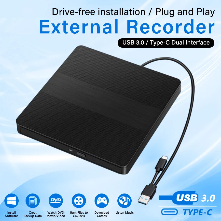 2-in-1 USB3.0 Type-C External DVD RW CD Writer Drive Burner Reader Player CD-ROM DVD-ROM Optical Drives For Laptop Desktop PC HIP