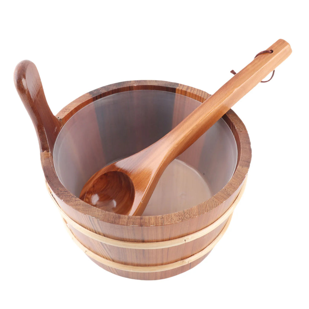 Sauna Bucket Ladle Set Leakage Proof Steam Room Wooden Barrel with Plastic Liner for SPA Swimming Pool 4L Sauna Wooden Barrel HIP
