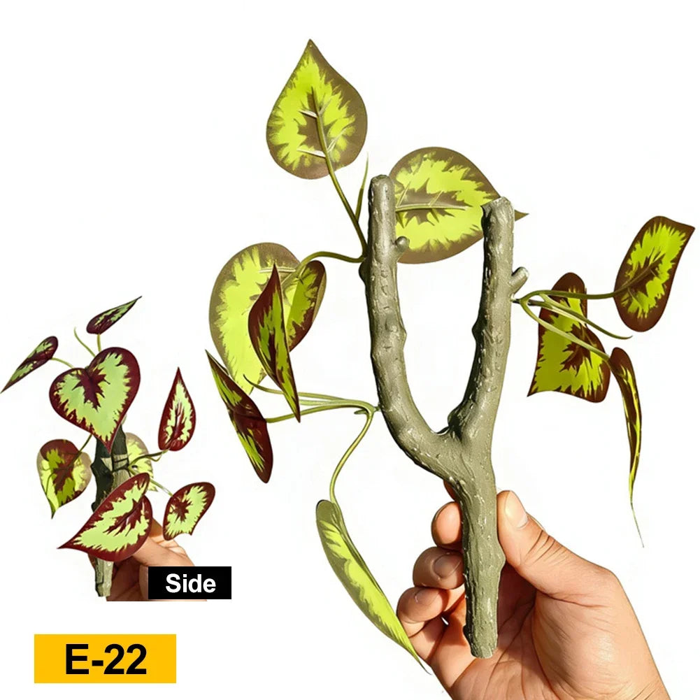 Y-shaped Artificial Vine Leaf with Branch Decor Crawling Branches for Gecko Hermit Crab Chameleon Rainforest Water Tank Decor HIP 01
