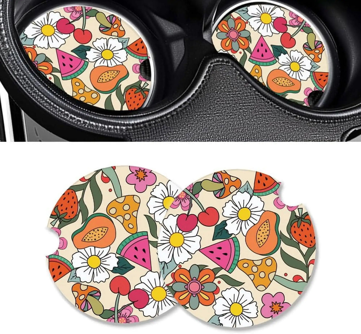 Ceramic Car Cup Holder Coasters, Floral & Fruit Design – 2-Pack Car Cup Coaster HIP 1 Ceramic Cork