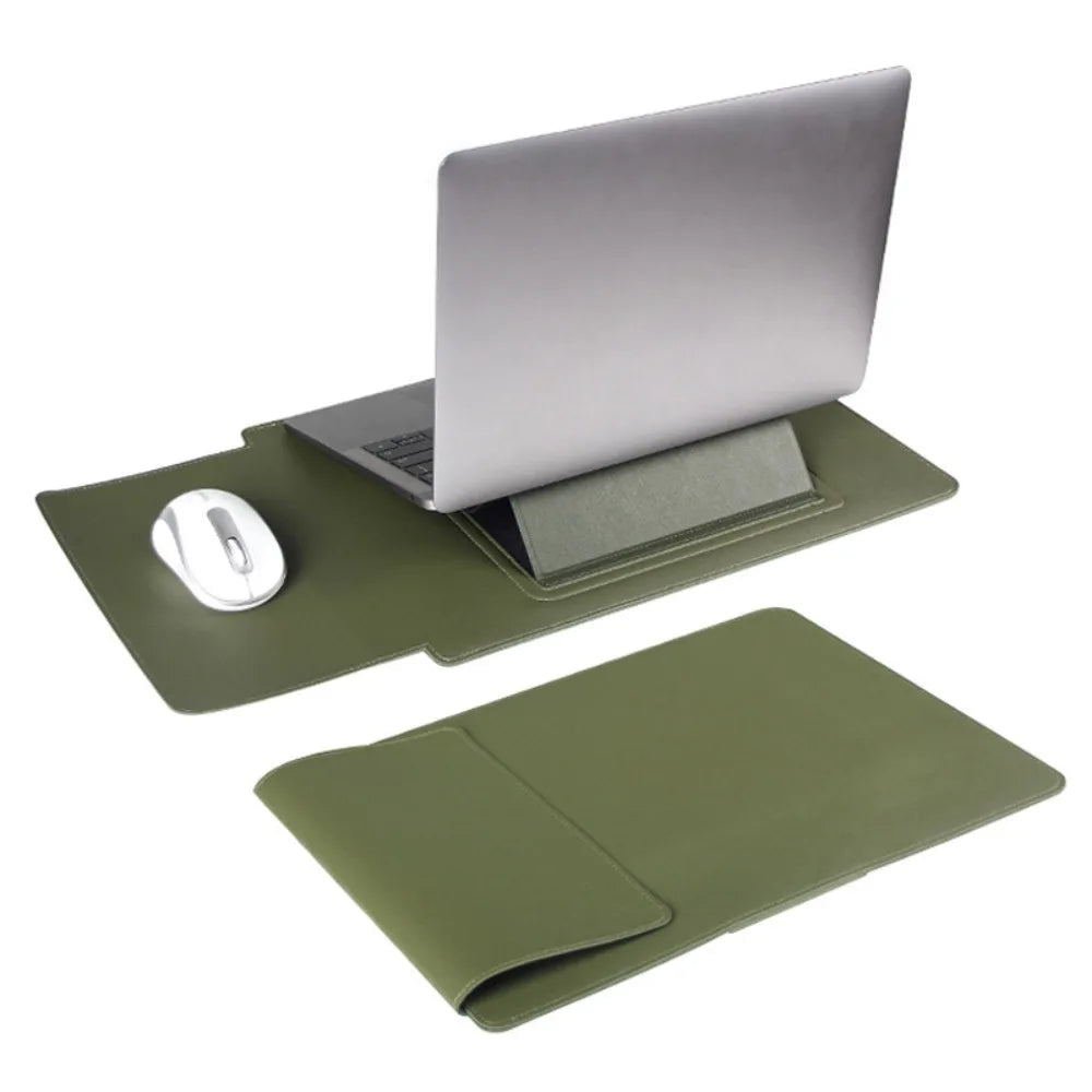 13–15" Laptop Sleeve with Stand & Mouse Pad | PU Leather Laptop Sleeve Case HIP Green 15-16 inch