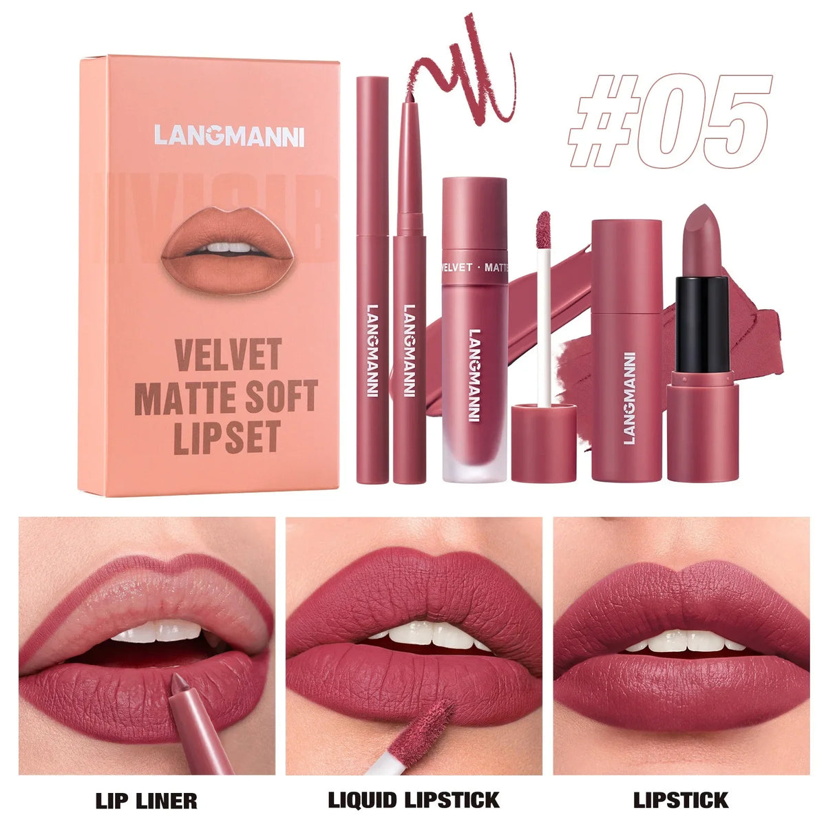 3PCS Matte Lipstick Set Nude Brown Velvet Liquid Lip Gloss Waterproof Non-stick Cup Lip Liner Plumper 24HR Lasting Not Easy Fade HIP 05