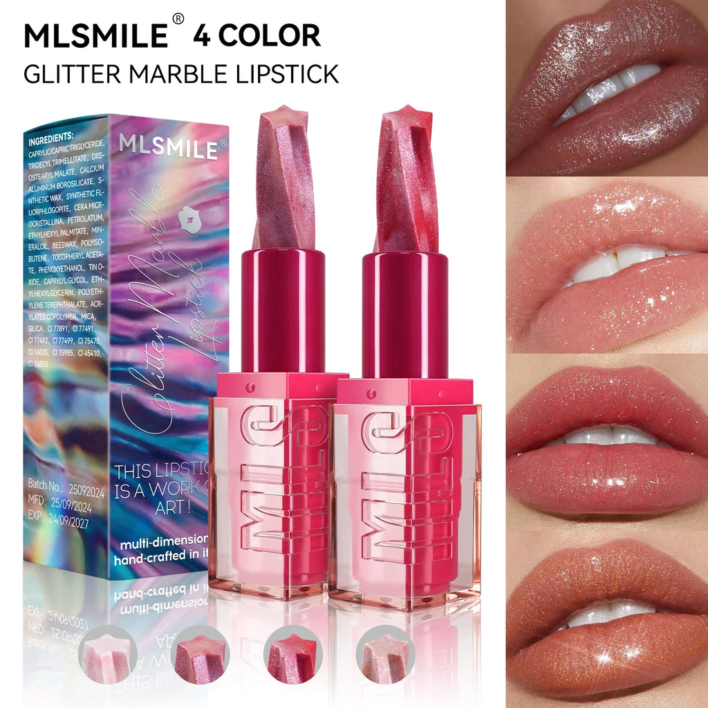 MLSMILE Glitter Marble Pearlescent Lipstick – Matte & Moisturizing Glitter Marble Lipstick HIP