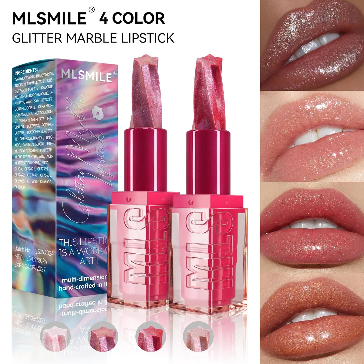 MLSMILE Glitter Marble Pearlescent Lipstick – Matte & Moisturizing Glitter Marble Lipstick HIP