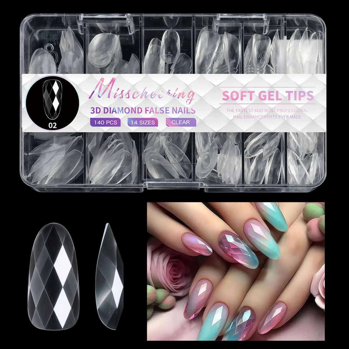 3D Diamond 120/140pcs Square Almond Coffin Nail Extension Tips Natural Clear Full Cover Nails Dual Form Soft Gel Nail Tips HIP 02