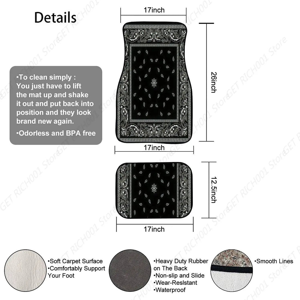 Black Bandana Car Floor Mats – 4-Piece Front & Rear Set Car Floor Mats HIP