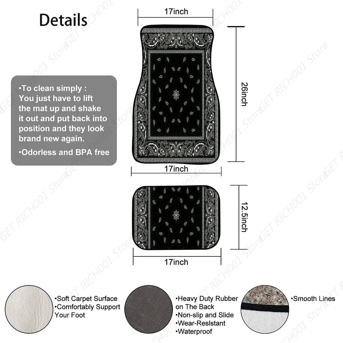 Black Bandana Car Floor Mats – 4-Piece Front & Rear Set Car Floor Mats HIP